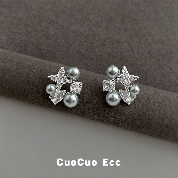 Silver Tone Clear Star And Gray Pearl Cluster Stud Earrings