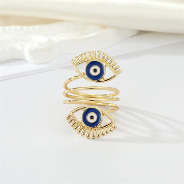 Gold Tone Double Blue Evil Eye Spiral Adjustable Ring