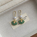 Green Jade Look Pearl Look Gold Floral Hook Earrings view 3