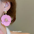 Pink Layered Flower Statement Earrings With Gold Centers view 3