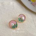 Pink Green Enamel Pearl Wheat Stud Earrings Gold Rim view 3