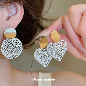 Openwork Heart and Round Drop Earrings in Silver Tone