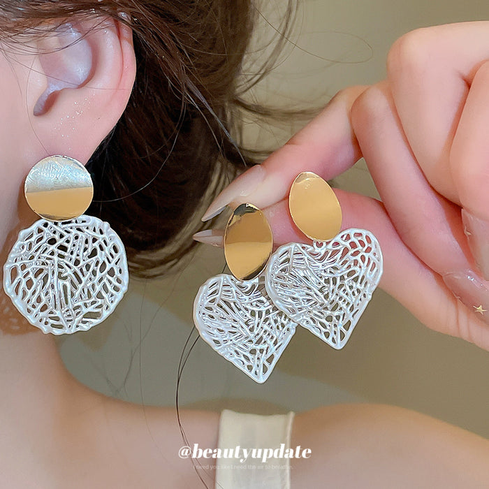 Openwork Heart and Round Drop Earrings in Silver Tone