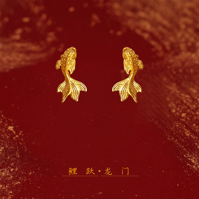 Matte Gold Koi Carp Fish Stud Earrings Textured Pair