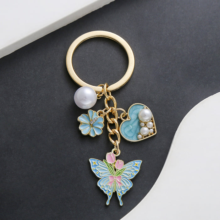 Three-Color Heart Pearl Rose and Butterfly Enamel Keychain Collection