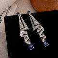 Blue Stone Angular Silver Tone Long Dangle Stud Earrings view 2