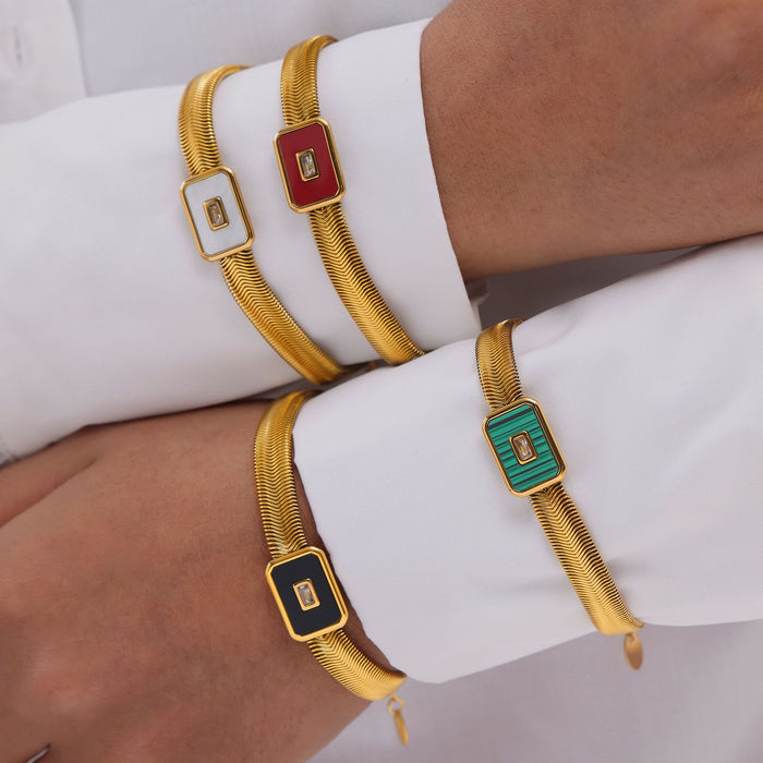 Gold Titanium Steel Herringbone Necklace Bracelet Square Glass