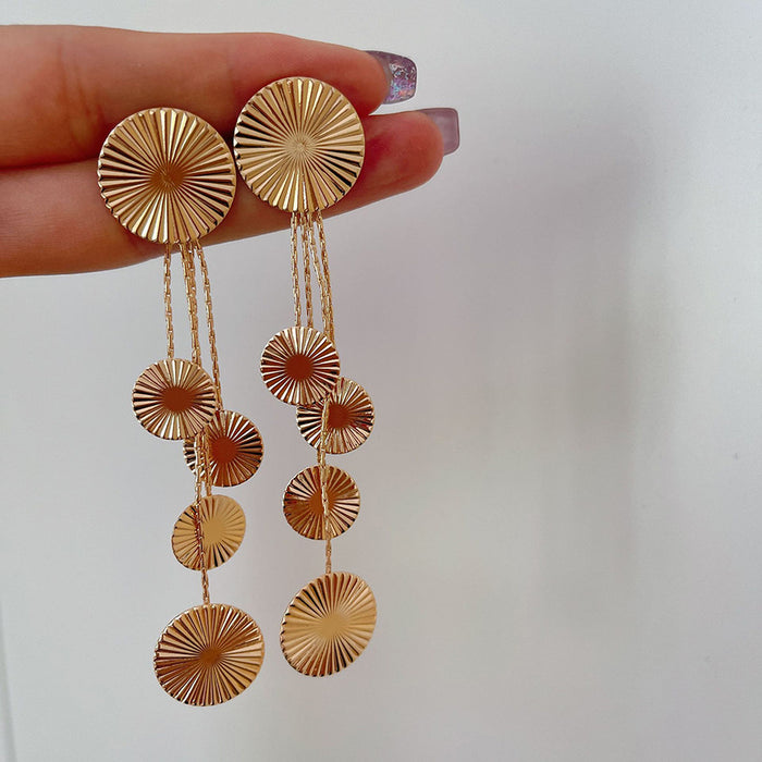 Layered Gold Tone Textured Round Disc Cascade Drop Earrings