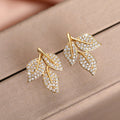 Gold Triple Leaf Pave Clear Stone Stud Earrings Metal Alloy view 2
