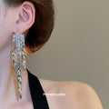 Silver Tone Crystal Wheat Leaf Fringe Statement Earrings view 3