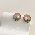 Pink Green Enamel Pearl Wheat Stud Earrings Gold Rim view 4