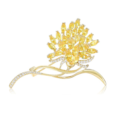 Yellow crystal flower gold brooch front view