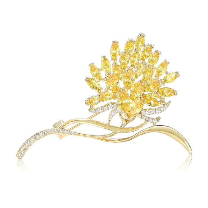 Yellow Zircon Flower Brooch Gold Tone Leaf Crystal Pin