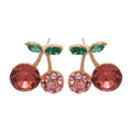 Pink Crystal Cherry Drop Stud Earrings With Green Leaves view 5