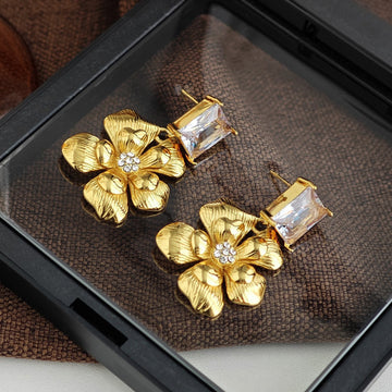 Clear Rectangular Crystal and Flower Drop Earrings in Gold Tone
