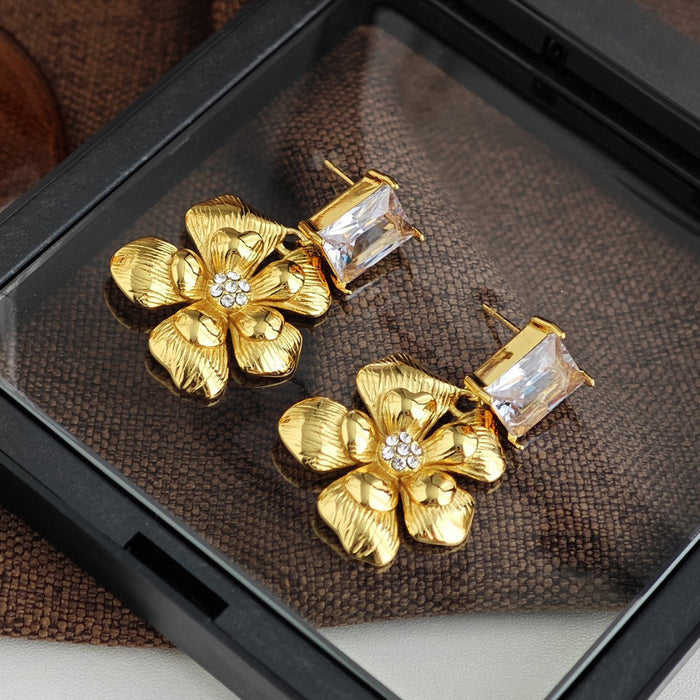 Clear Rectangular Crystal and Flower Drop Earrings in Gold Tone