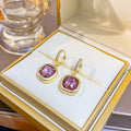 Gold Cushion Purple Crystal Drop Huggie Hoop Earrings view 2
