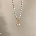 White Pearl Strand Gold Toggle Rhinestone Heart Pendant view 2