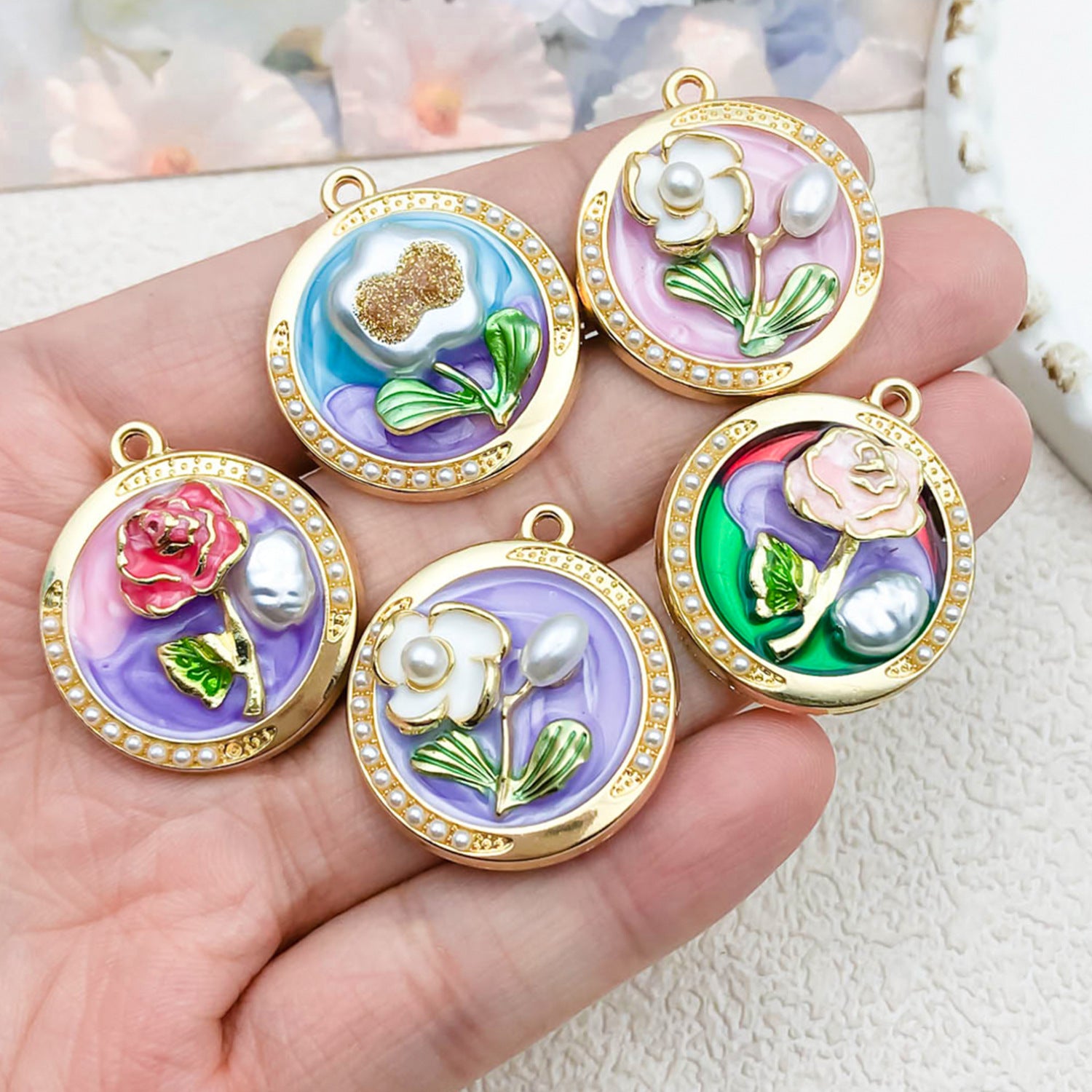 Zinc Alloy Enamel Flower Charm Pendant for DIY Earrings Necklace Garden Jewelry Making