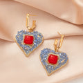 Blue Heart Red Square Gold Tone Statement Huggie Earrings view 2