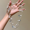 White Pearl Look Layered Necklace with Silver Tone Chains view 3