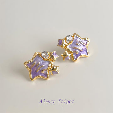 Gold Tone Purple Star Clear Stone And Small Star Stud Earrings