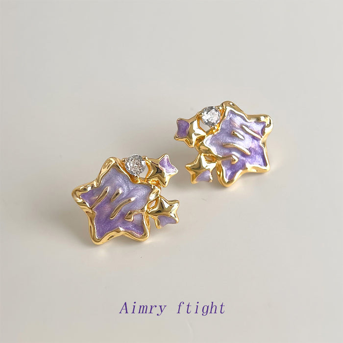 Gold Tone Purple Star Clear Stone And Small Star Stud Earrings