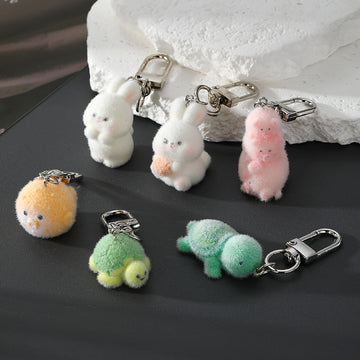 Flocked Bunny Turtle Pig and Puffer Animal Keychains