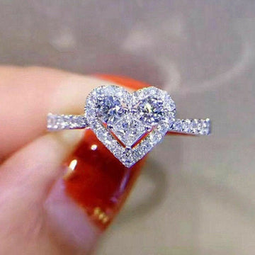 Silver Heart Halo Clear CZ Finger Ring Sizes 6 to 10