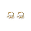 Gold Tone Irregular Round Frame And White Pearl Cluster Stud Earrings view 5