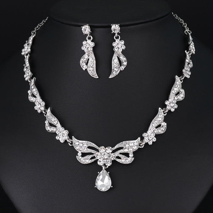 Black Silver Tone Crystal Ribbon Bow Metal Necklace and Earring Set