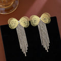 Gold Wire Bow Clear Look Chain Fringe Stud Earrings view 1