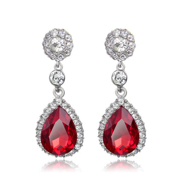 Red Silver Tone Red Teardrop Halo Crystal Four Designs Metal Dangle Earrings