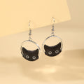 Black Cat Face Silver Tone Open Circle Hook Earrings view 2