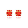 Gold Geometric Stud Earrings Red and Green Cabochon Frames view 5