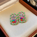 Colorful Square Stud and Red Mushroom Hoop Earrings view 2
