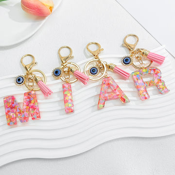 Pink Confetti Resin Letter Evil Eye Charm Tassel Keychain