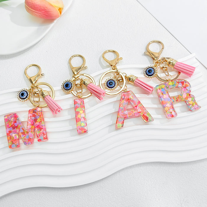Pink Confetti Resin Letter Evil Eye Charm Tassel Keychain
