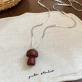 Wood Mushroom Pendant Silver Chain Pearl Crystal Necklace view 6