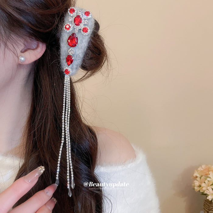 Gray Flocked Crystal Teardrop Tassel BB Hair Clips