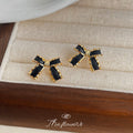 Gold Black Enamel Bow Stud Earrings Wavy Ribbon Pair view 4