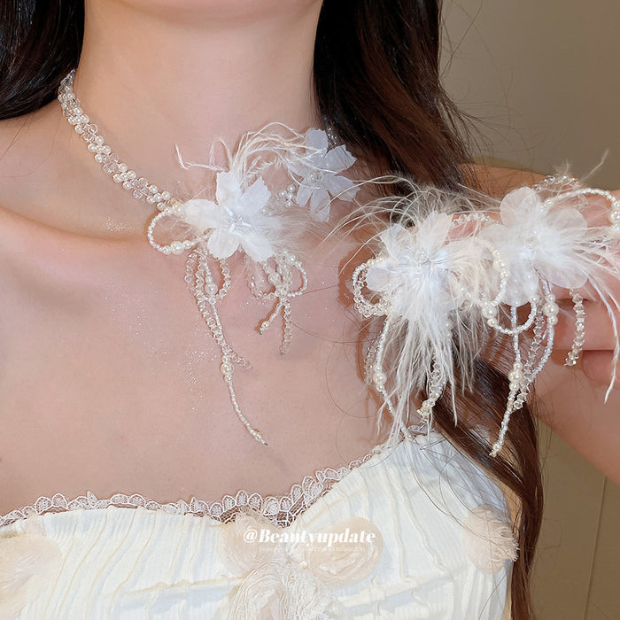 White Feather Flower Pearl Crystal Necklace Ear Clips