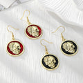 Gold Tone Red or Black Skull Portrait Disc Drop Earrings view 2