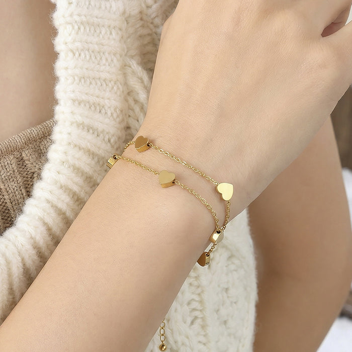 Double Layer Heart Bracelets in Gold Silver and Rose Gold Tone