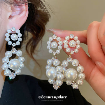 Silver Pearl Cluster Crystal Drop Earrings Decorative Jewelry