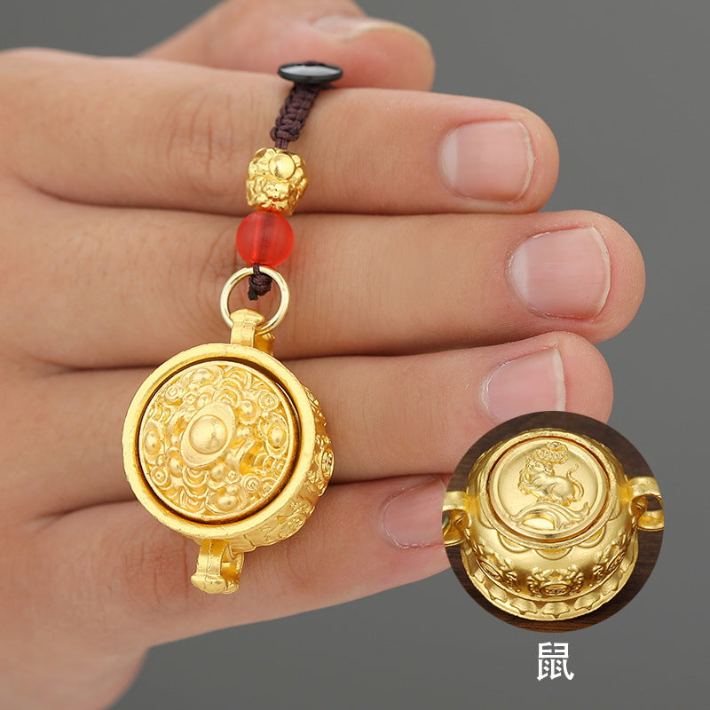 Brass Zodiac Wealth Bowl Keychain with Braided Pixiu Charm Cord