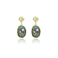 Green and Purple Floral Oval Gold Tone Stud Earrings view 5