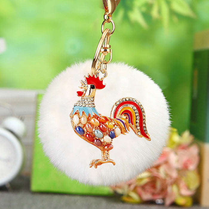 Jeweled Rooster Keychains with Faux Fur Poms in Fifteen Pictured Colors