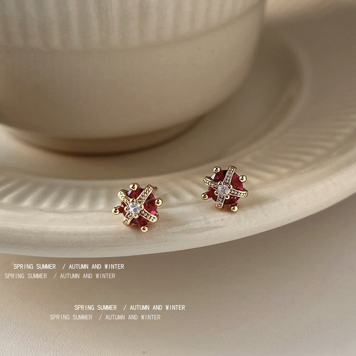 Gold-Tone Mini Red Crown Stud Earrings Clear Center Stone