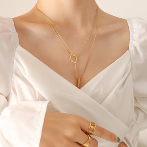 Gold Double Layer Square and Bar Geometric Necklace